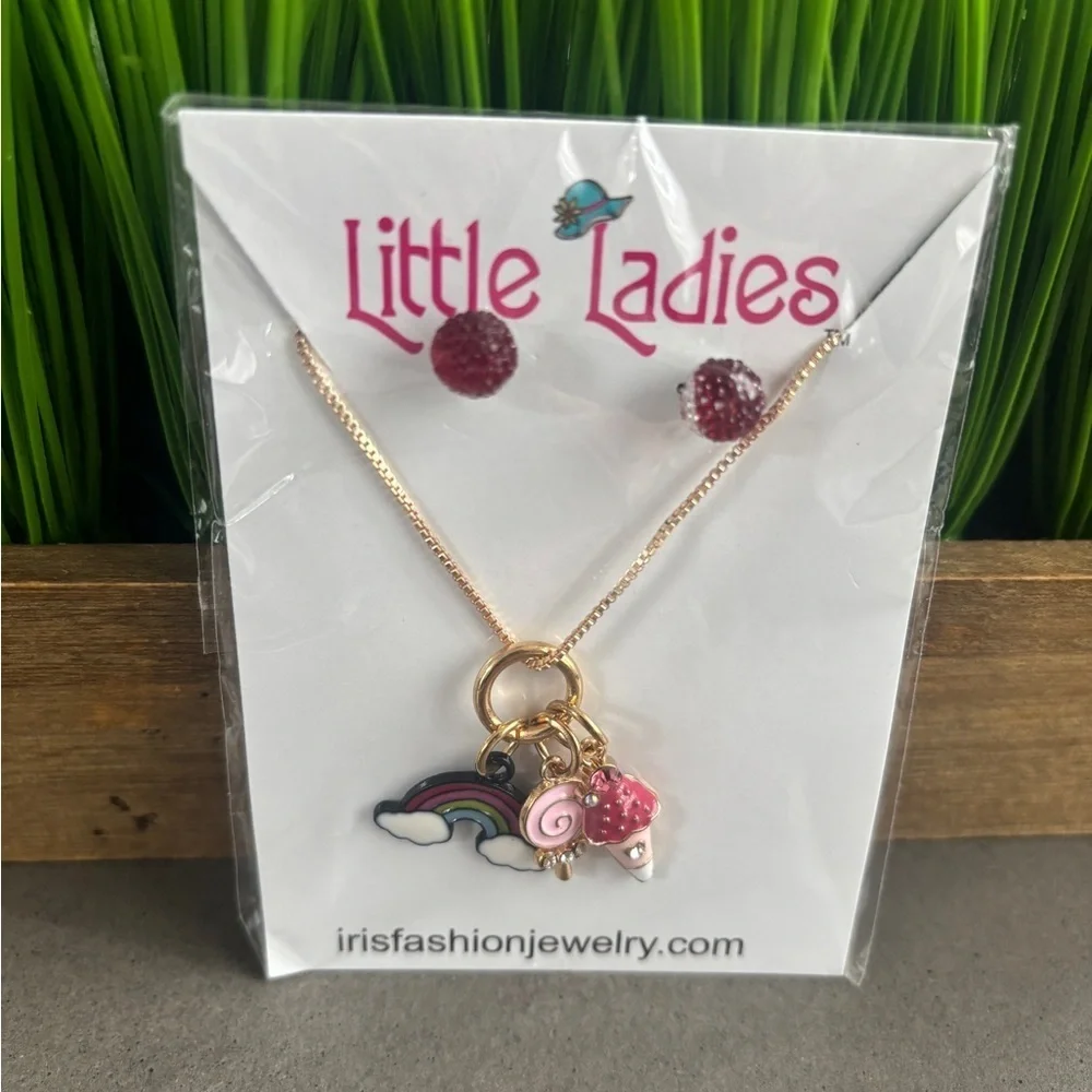 Little Ladies Kids Necklace and Earring Set - Gold and Pink Charms NEW